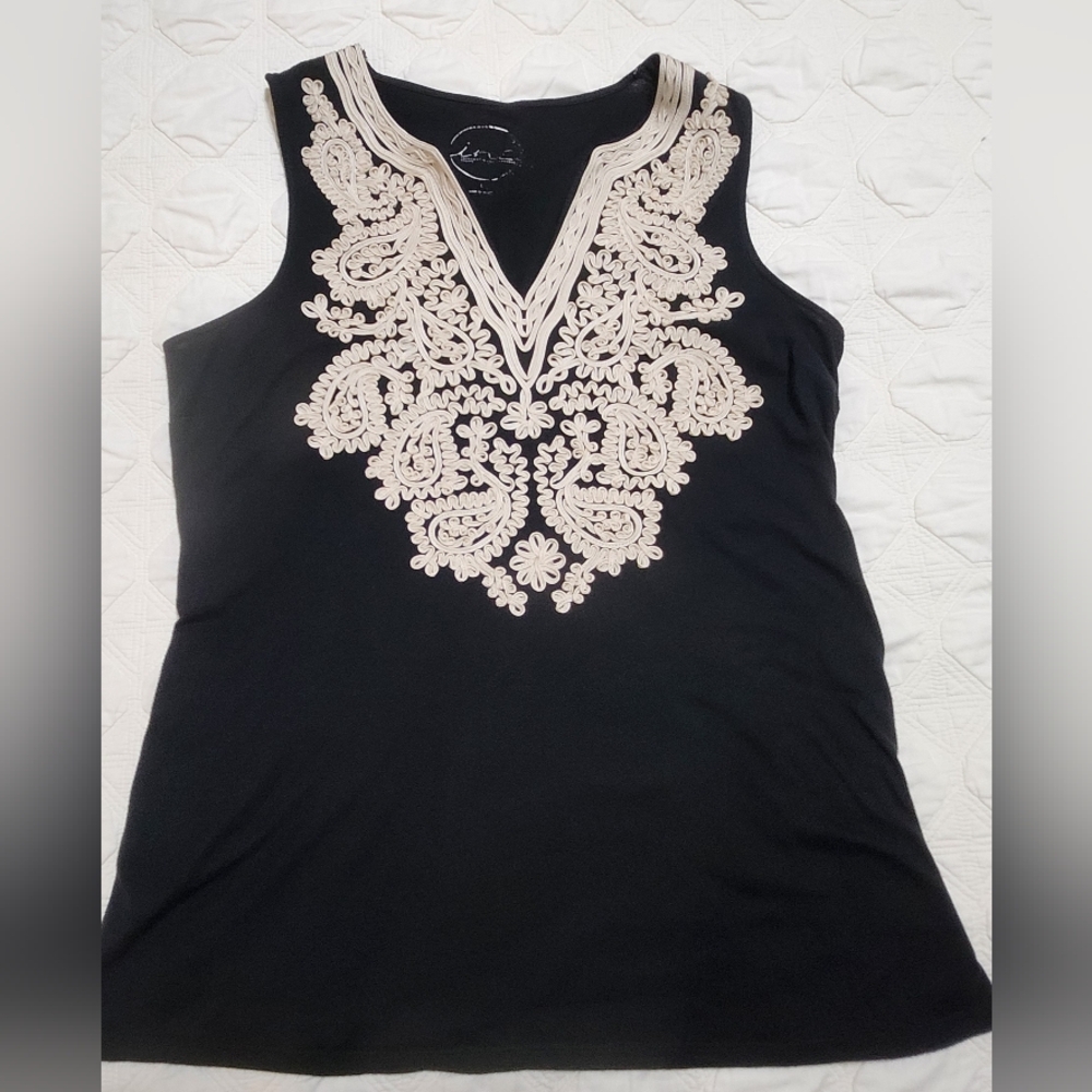 Sz L INC Embroidered Black and Off-White Blouse - Picture 6 of 13
